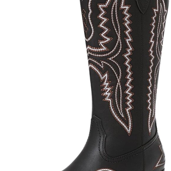 Women's Square Toe Cowboy Boots Leather Low Heel Western Embroidery